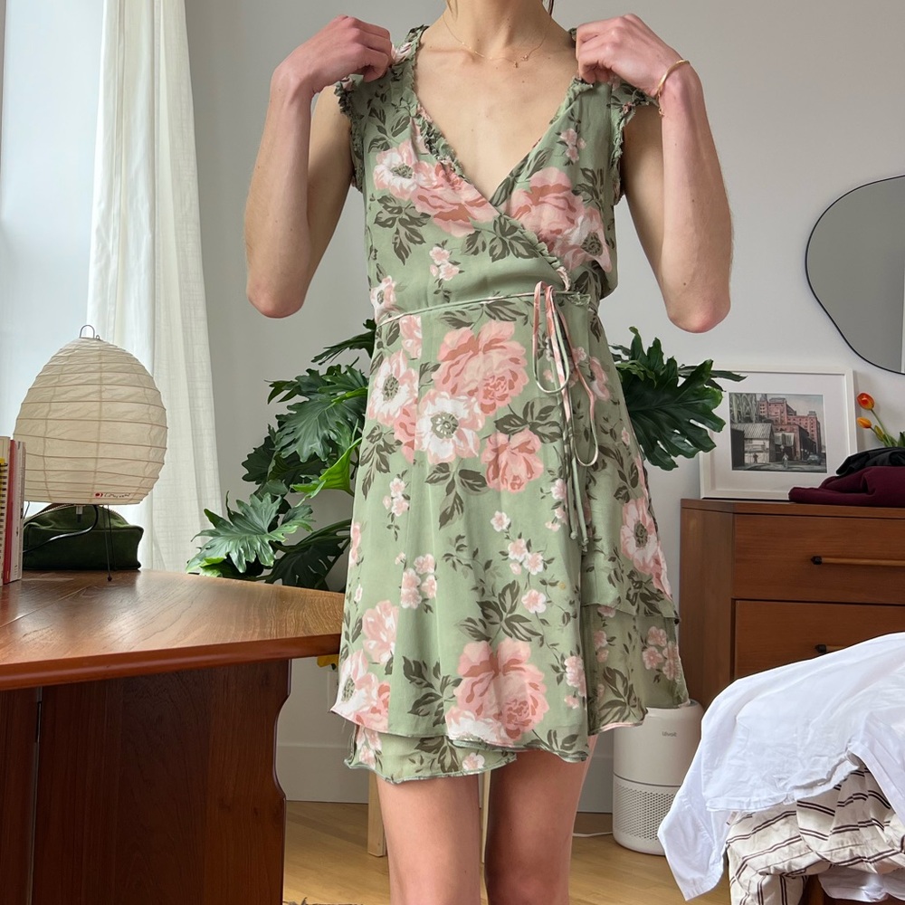 Reformation Green Pink Wrap Sundress